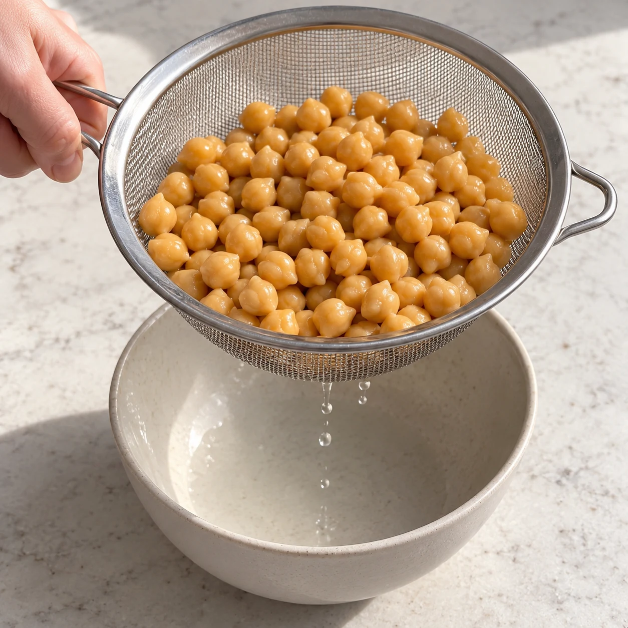 Une seule action : Égoutter les pois chiches. Il reste 200 g de pois chiches égouttés, sans liquide au fond du récipient. Seulement Pois chiches cuits égouttés. Toute enveloppe est de la laitue verte opaque. Supprimer toute feuille de riz et toute crevette de la capture de référence. Le geste vient de l’adaptation explicitement documentée, pas du geste filmé.