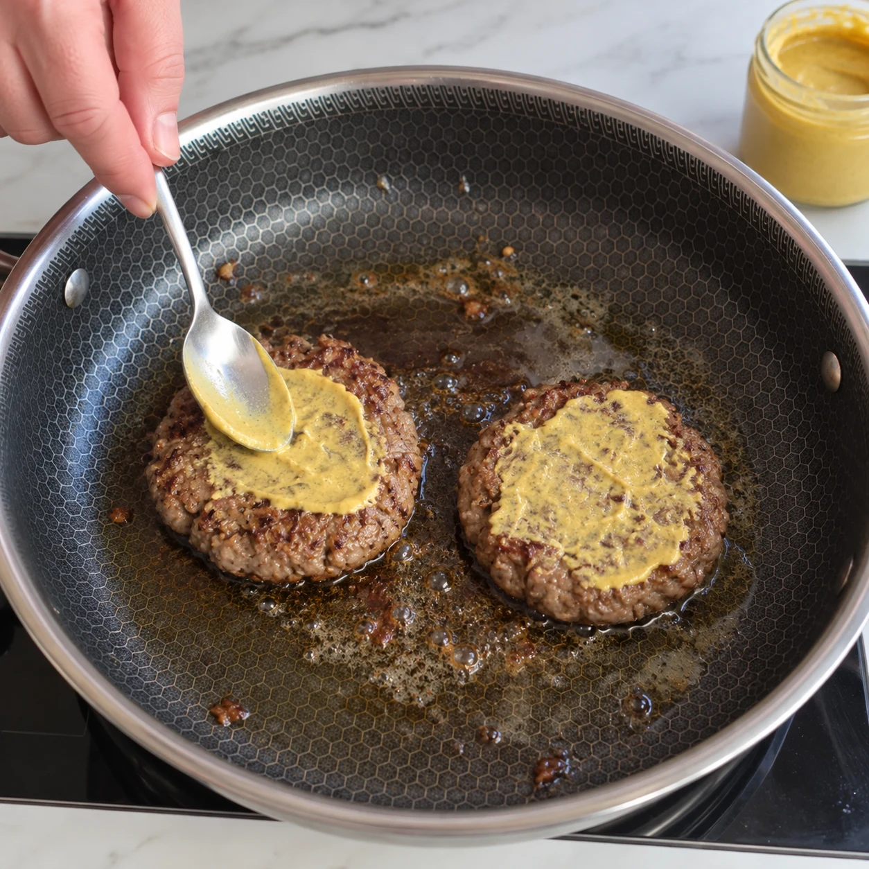 Une image carrée de l’action « Ajouter un peu de moutarde », avec seulement les ingrédients autorisés à cette étape, dans leur état réel. Une fine couche de moutarde couvre le dessus des steaks. Mains anonymes si le geste le nécessite, aucun visage ni texte.