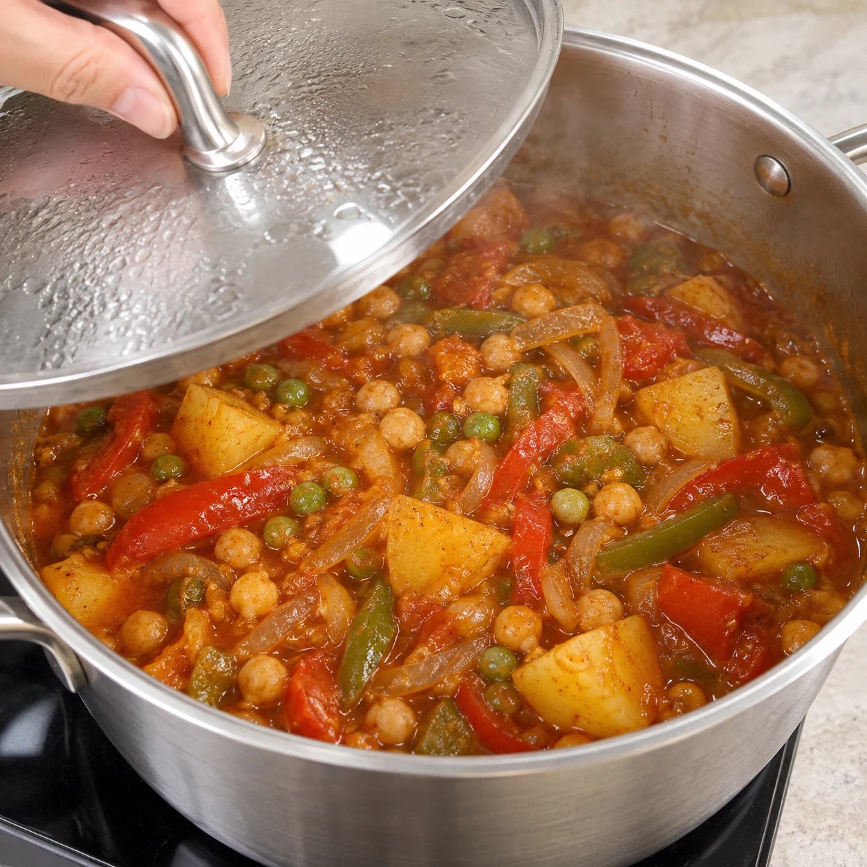 Une seule action : Terminer le mijotage. L’oignon de finition et les poivrons sont tendres, la sauce reste nappante. Version végétale aux pois chiches, aucune viande, aucun seitan, aucun tofu.