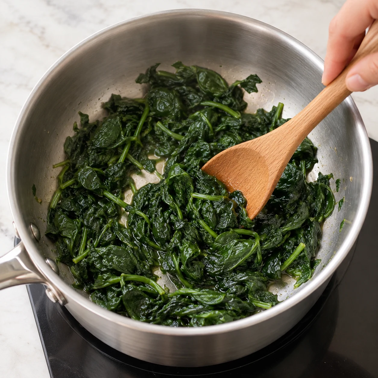 Faire tomber les épinards : Les feuilles sont vert foncé et affaissées. Une seule phase culinaire, plan de travail pierre pâle, lumière naturelle, aucun texte.