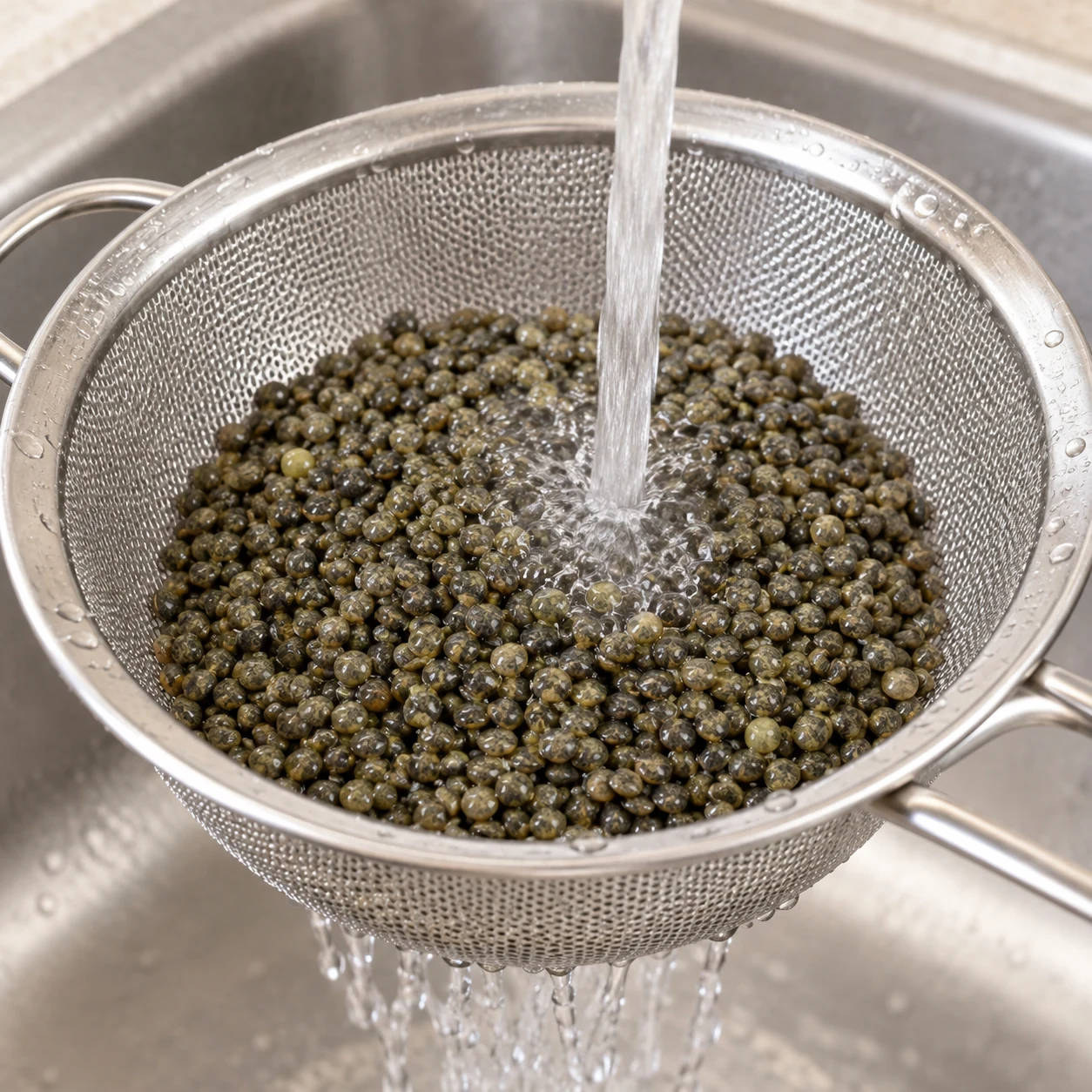 Lentilles vertes sèches dans une passoire sous un filet d’eau ; apparence des graines tirée de la capture, rinçage cité dans la recette d’origine.