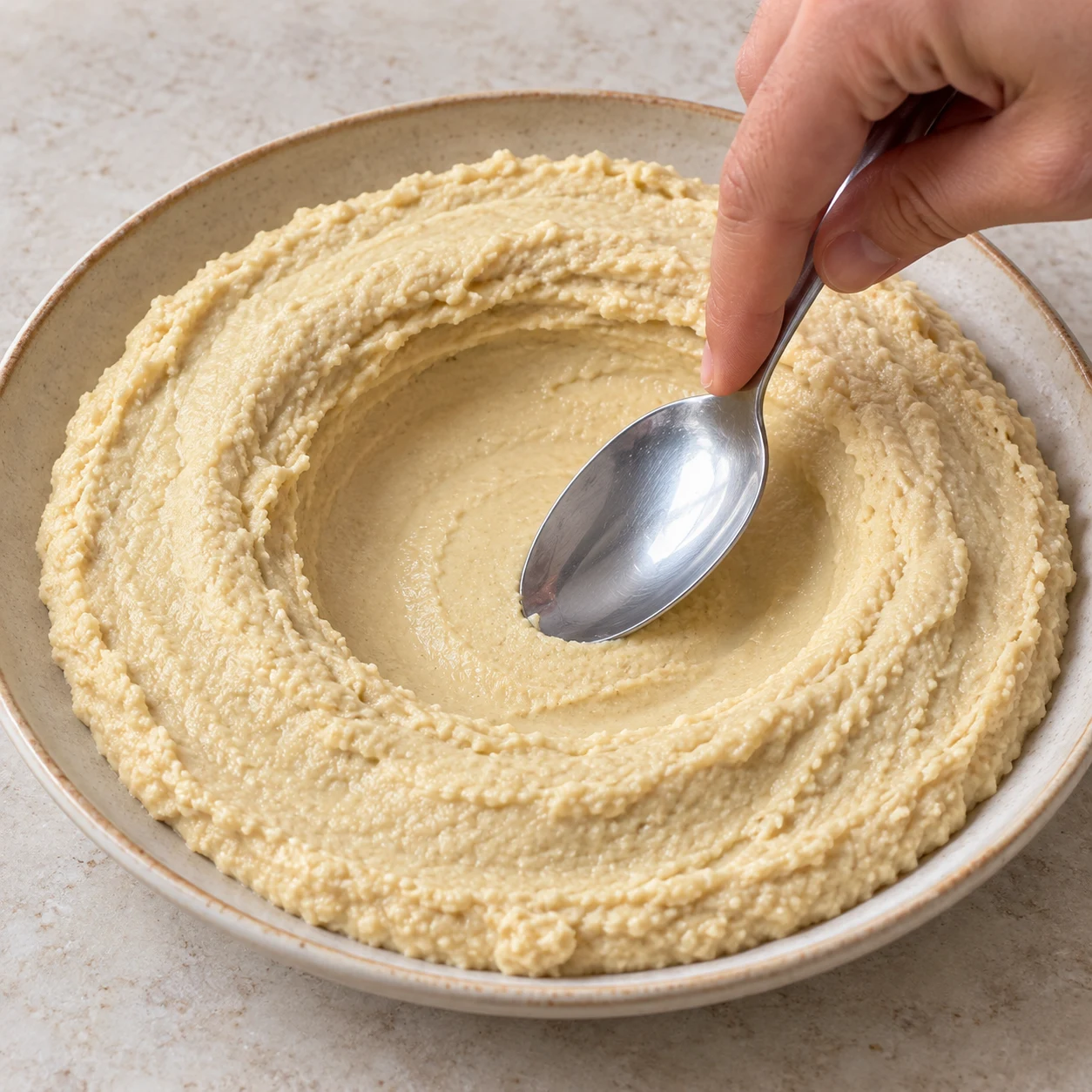 Étaler le houmous dans une assiette et creuser légèrement le centre avec le dos d’une cuillère. Montrer seulement les ingrédients de cette phase, dans une mise en scène claire et anonyme.