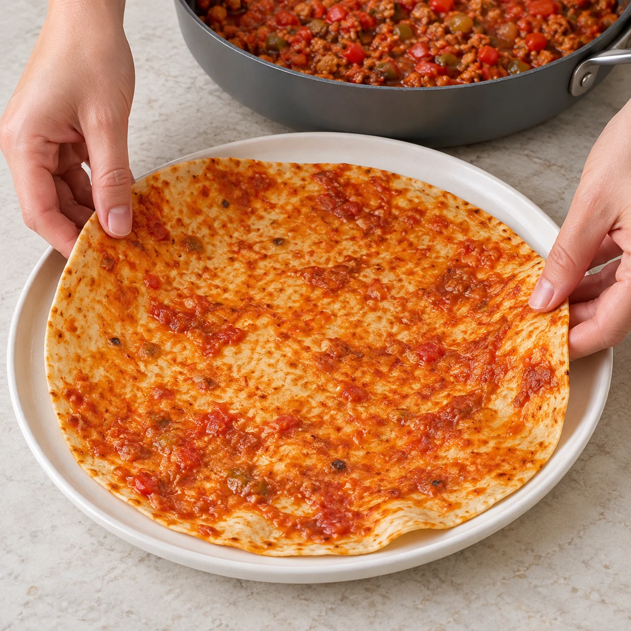 Poser le lavash. Le lavash est posé à plat sur le plat de service.