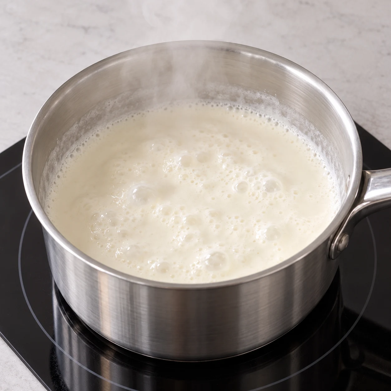 Porte les 400 ml de crème de soja cuisine à ébullition dans une casserole et retire-la du feu dès l’apparition des bulles. Résultat à montrer : La crème est chaude et vient de bouillir, sans attacher au fond.