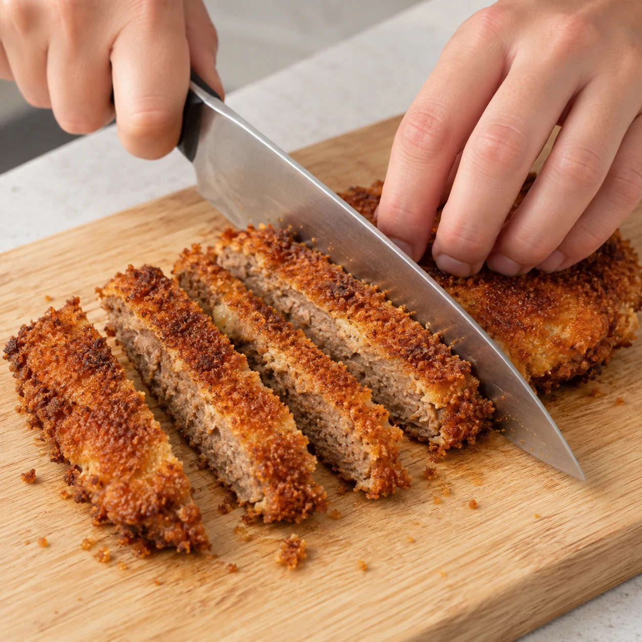 Trancher les steaks végétaux panés. Tranche les steaks végétaux panés en bandes avec un couteau bien affûté pour garder leur croûte intacte. Résultat : Les bandes de steaks végétaux gardent leur croûte dorée.. Uniquement : Steaks végétaux de protéines de pois et fèveroles, Farine de blé T55, Eau pour la pâte de panure, Chapelure de pain, Huile de tournesol. Aucun ingrédient futur. Steaks végétaux : intérieur brun de protéines de pois et fèveroles, jamais de chair blanche ou de tofu.