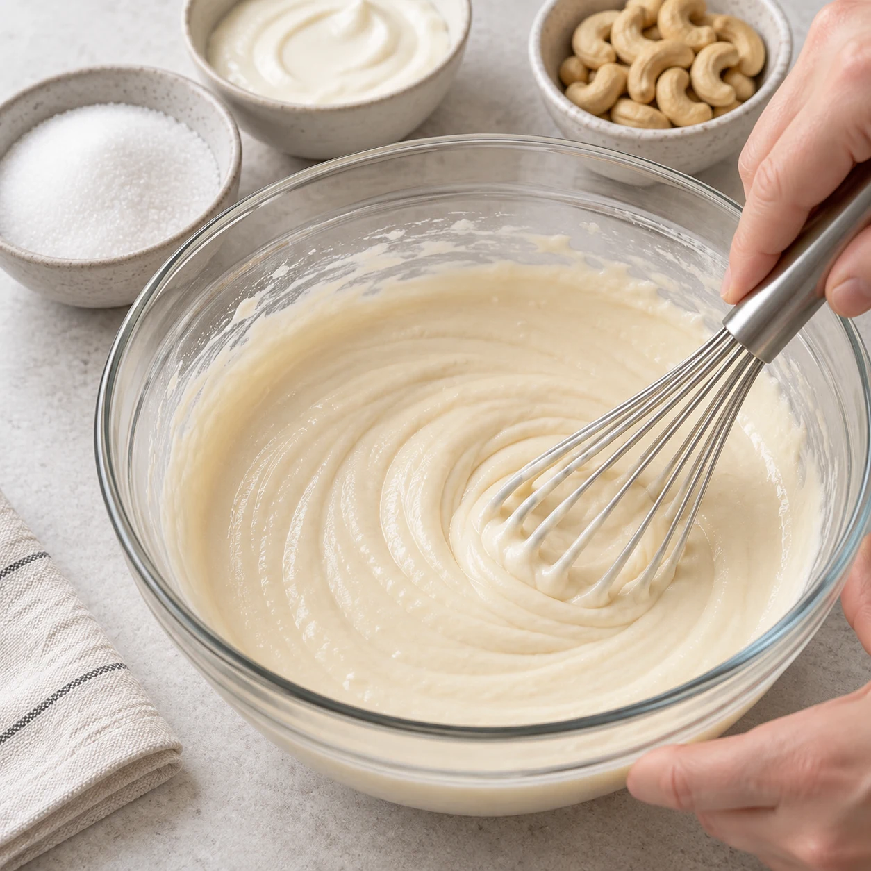 Un fouet incorpore le sucre dans la crème beige de cajou et soja.