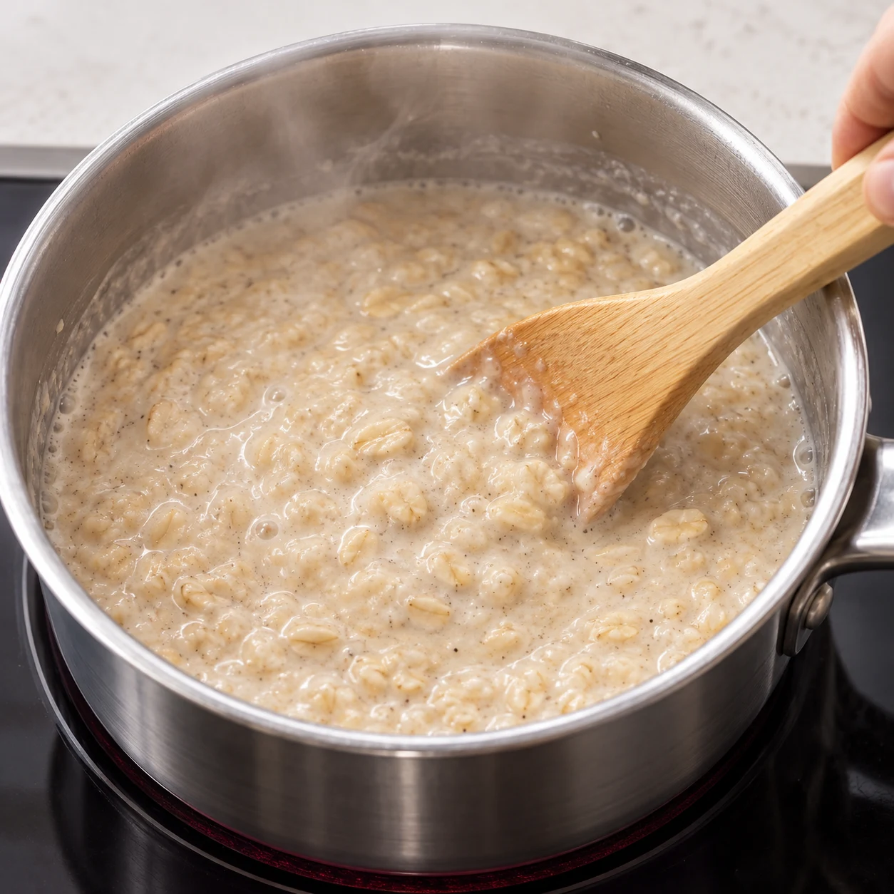 Porridge gonflant doucement dans une casserole inox, spatule en bois.