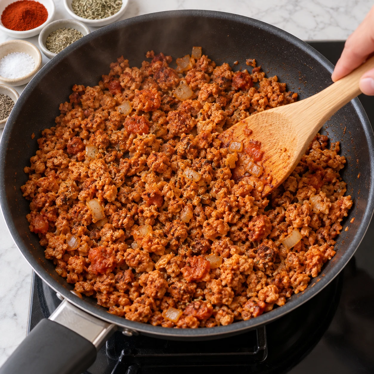 Petits grains brun rouge de haché végétal de soja aux oignons et tomate, légèrement dorés dans une poêle.
