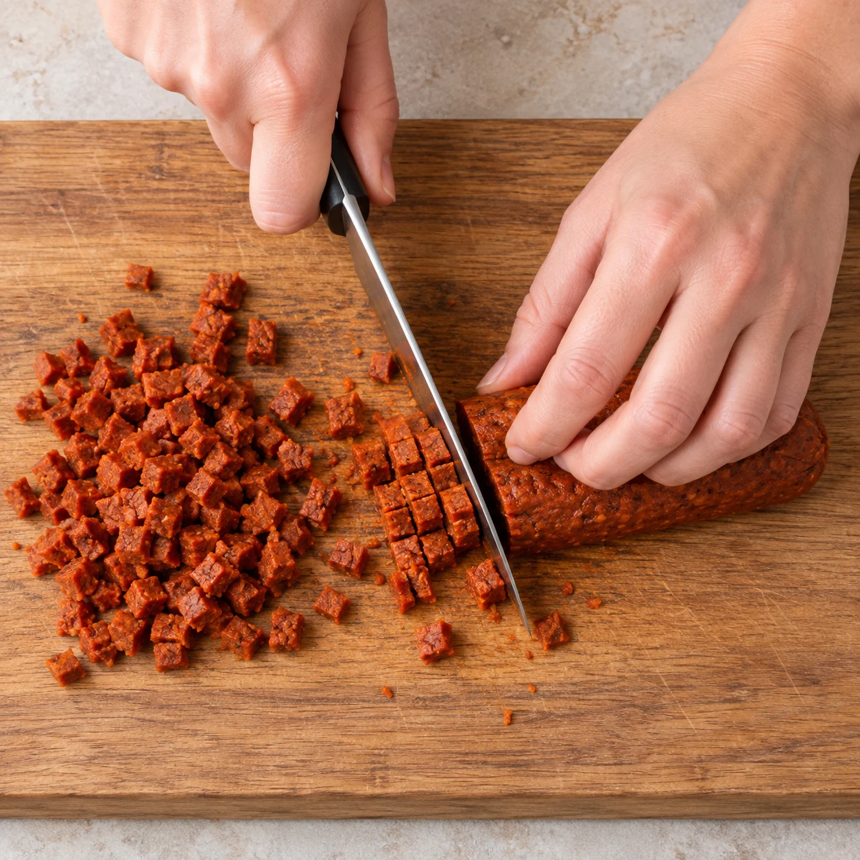Une seule photo de l’action « Couper le chorizo végétal », les dés de chorizo végétal sont de petite taille régulière.