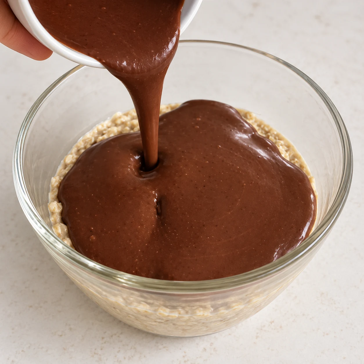 Un ruban de sauce chocolat noir–coco recouvre la base beige à l’avoine dans un bol en verre transparent.