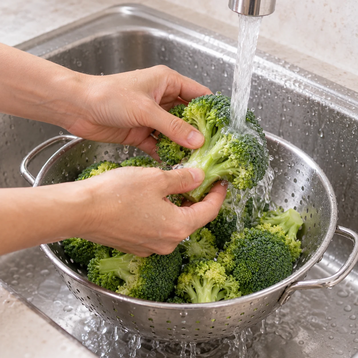 Lavez les 200 g de brocoli sous l’eau courante. Montrer cette seule action et le résultat décrit, sans texte.