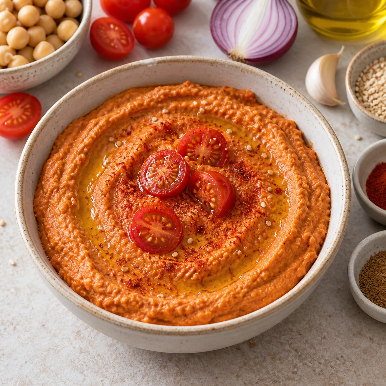 Photo culinaire carrée en lumière naturelle : bol de houmous rouge-orangé lisse mais naturel, quelques demi-tomates cerise et un léger voile de paprika en garniture, sésame et cumin incorporés, aucun basilic, aucun pain, aucun texte, aucune marque.