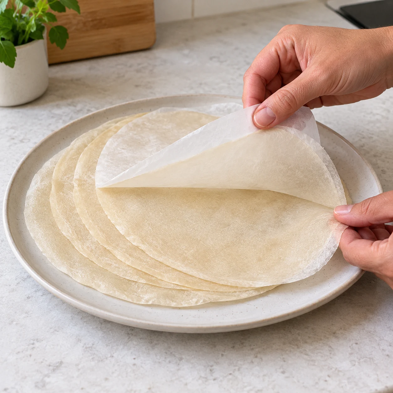 Quatre feuilles de brick fines et opaques sur une assiette sèche neutre, une main anonyme séparant une feuille du papier intercalaire. Aucun bol d’eau.