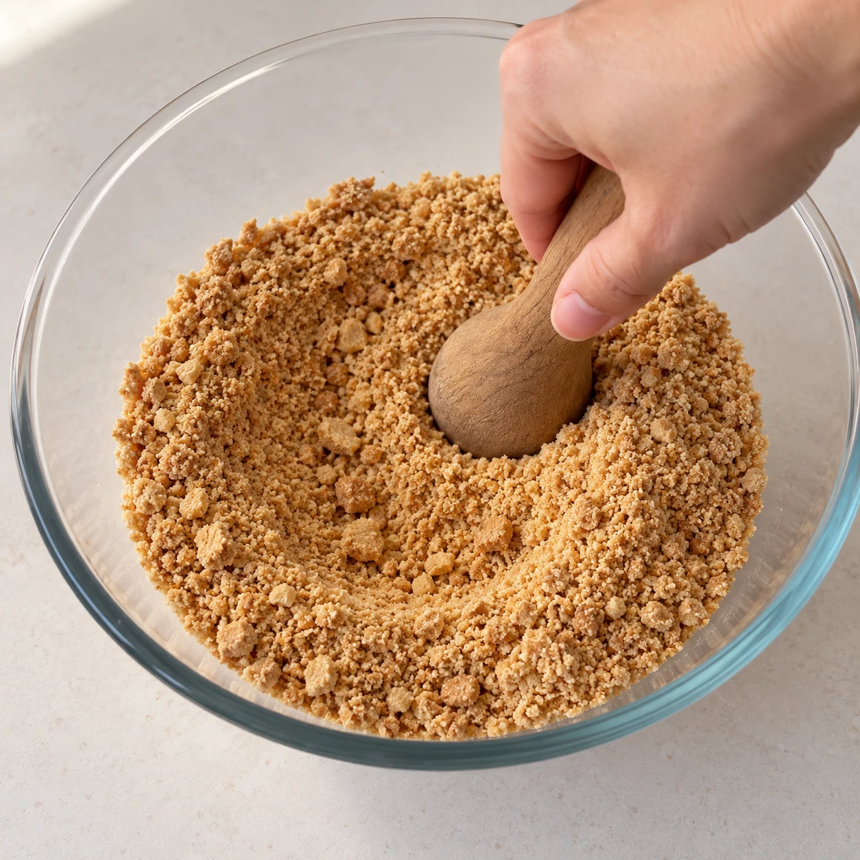 Réduis les 225 g de biscuits digestives en miettes fines dans un bol, comme dans la recette d’origine, ou au mixeur indiqué dans la recette d’origine. Résultat à montrer : Les biscuits sont réduits en miettes fines, sans gros morceaux.