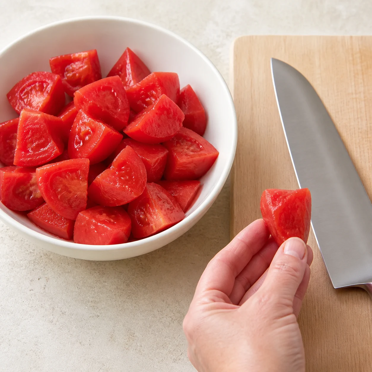 Tomates pelées, épépinées et coupées grossièrement dans un saladier, avec une tomate entamée montrant la taille des morceaux.