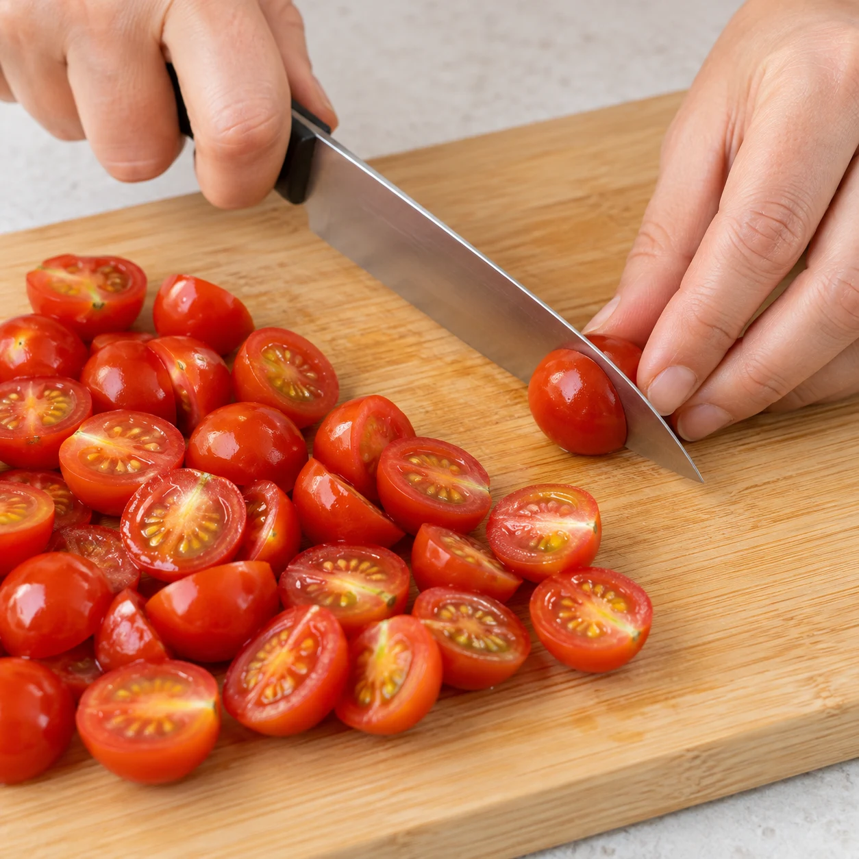 Gros plan des mains coupant une tomate cerise en deux.