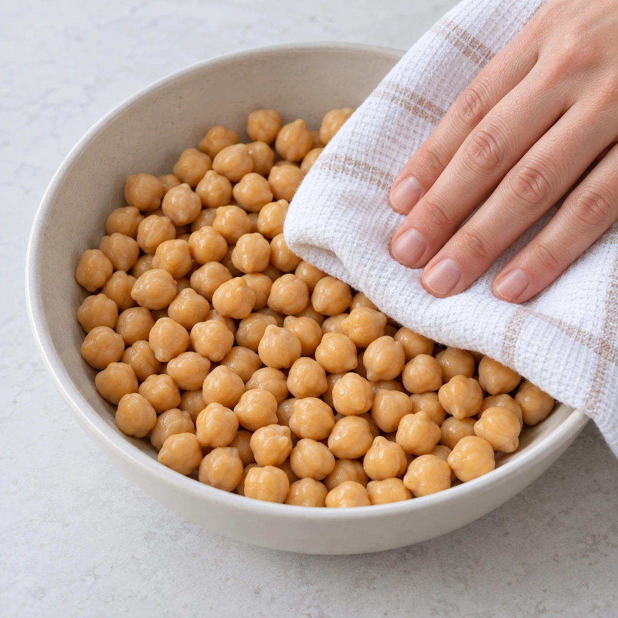 Sécher les pois chiches : La surface des pois chiches est débarrassée des gouttes visibles.