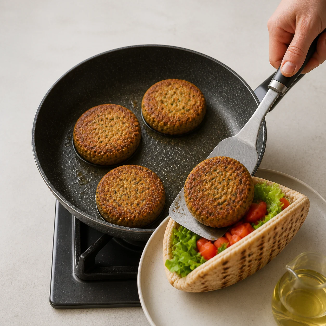 Photo culinaire carrée en lumière naturelle : Les galettes sont dorées sur les deux faces, chaudes au centre et restent entières dans le pain, avec des petits dés de tomate et de la salade verte. Aucun texte, aucune marque, aucun ingrédient futur.