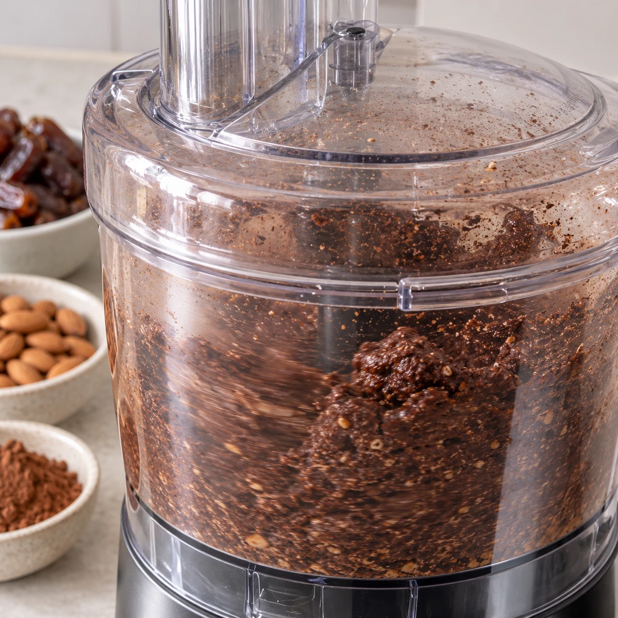 Robot fermé en train de mixer la base sombre dattes, amandes et cacao.