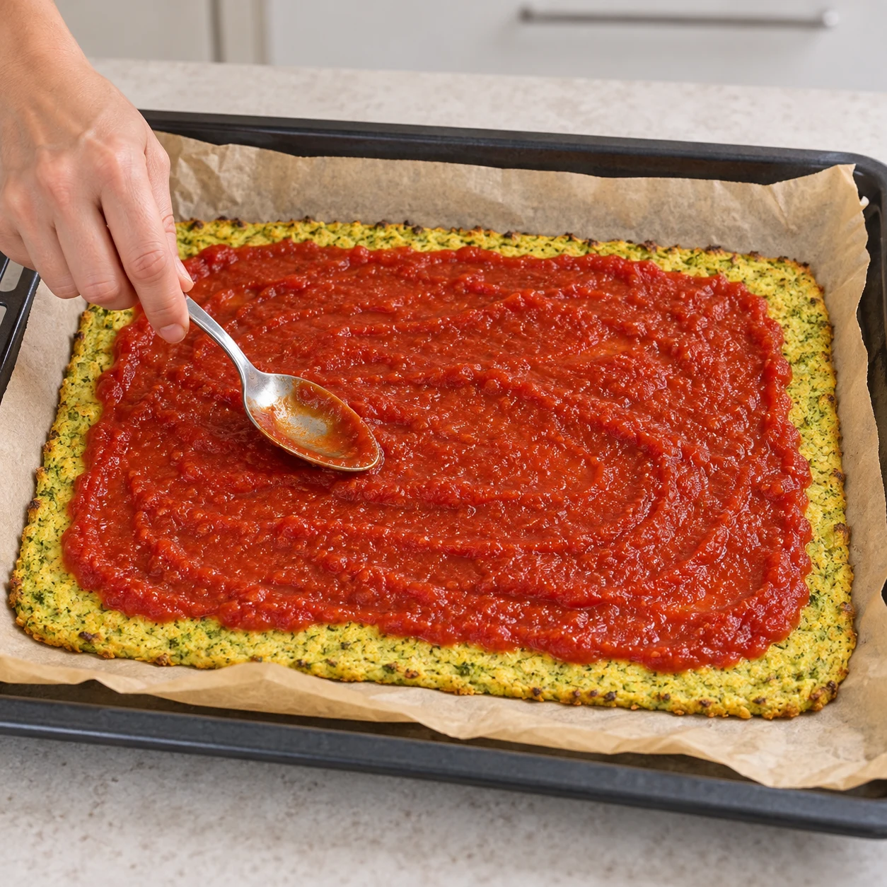 Dos d’une cuillère étalant la sauce rouge sur base brocoli déjà cuite, aucune autre garniture.
