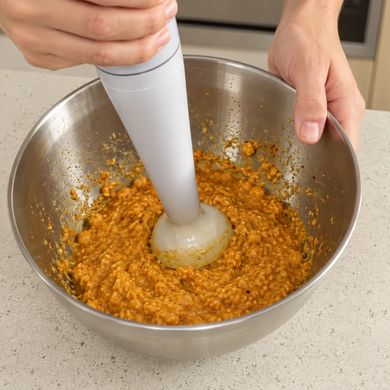 Mixe les 200 g de pois chiches cuits avec les 125 ml d’eau, les 2 c. à soupe de sauce soja, la c. à café de moutarde, la c. à café d’ail semoule et la c. à café de paprika fumé. Montrer une seule phase, les ingrédients seuls et, si nécessaire, des mains anonymes.