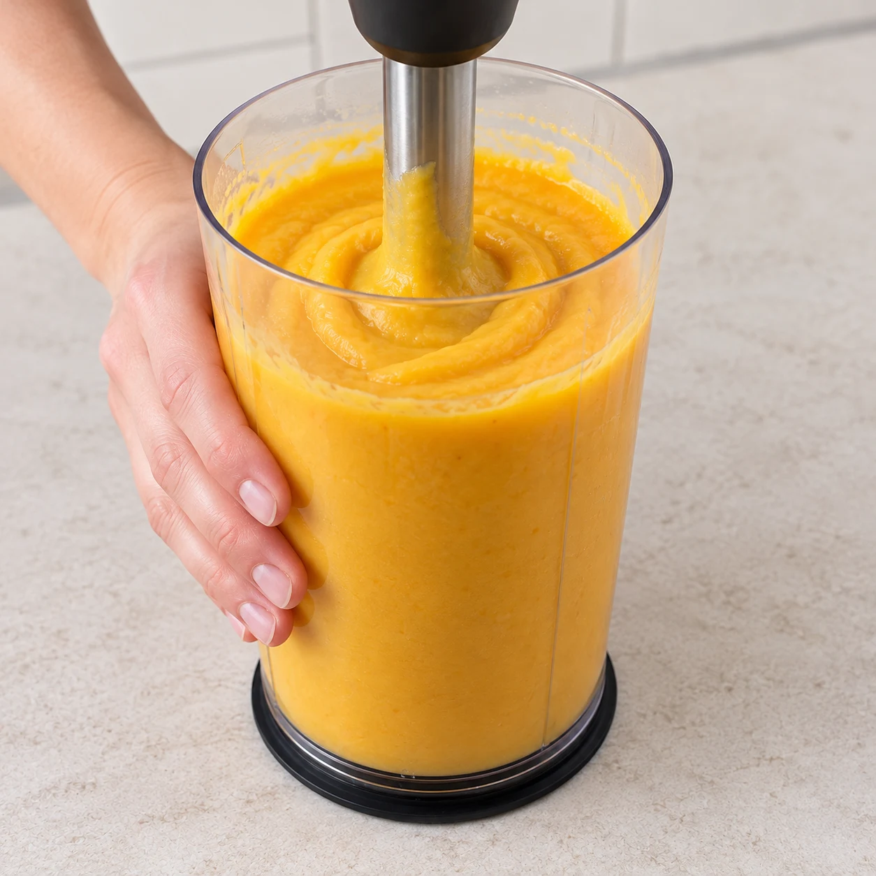 Mixer la purée : Les morceaux ont disparu ; la purée est homogène et jaune orangé.