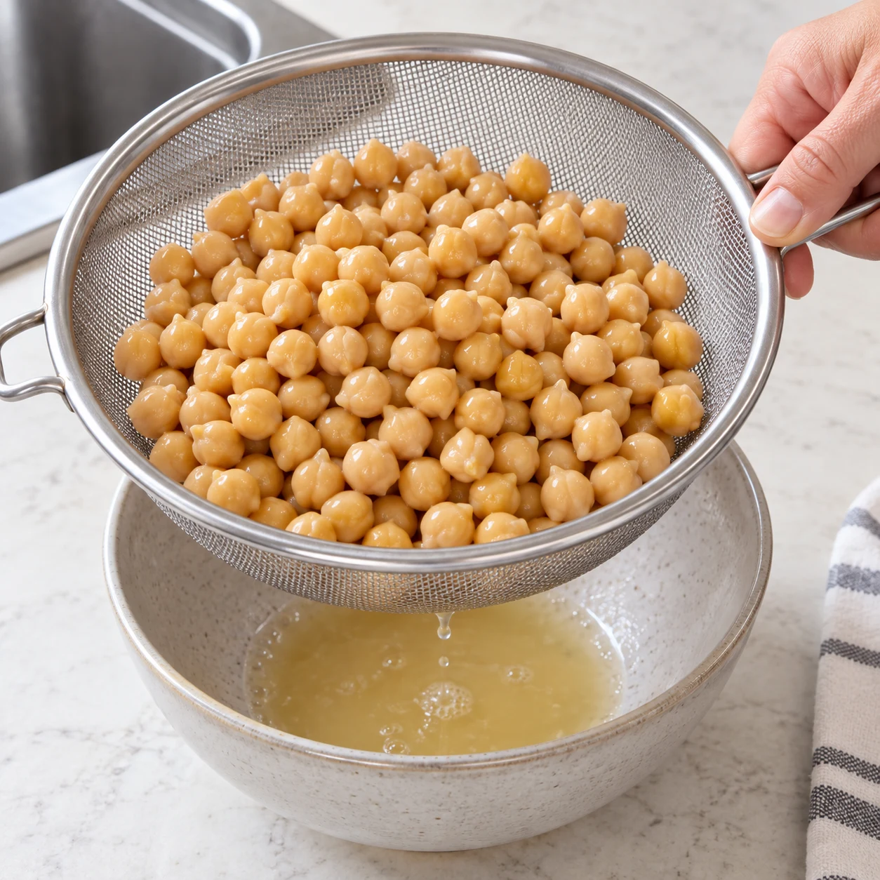 Égoutter les pois chiches : Les pois chiches ne baignent plus dans leur liquide.