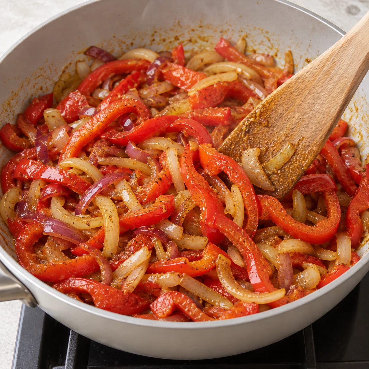 Spatule remuant uniquement légumes et épices, oignons translucides, lamelles rouges souples.