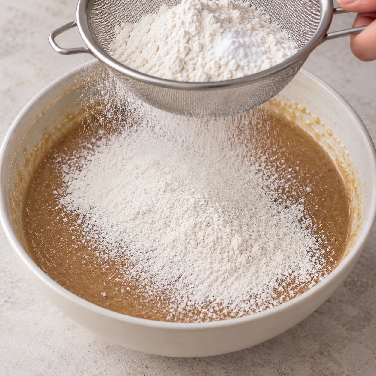 Tamise ensemble les 190 g de farine et les 3 g de bicarbonate alimentaire sur le mélange humide. Montrer uniquement le résultat et le geste de cette étape, sans texte ni personne identifiable.