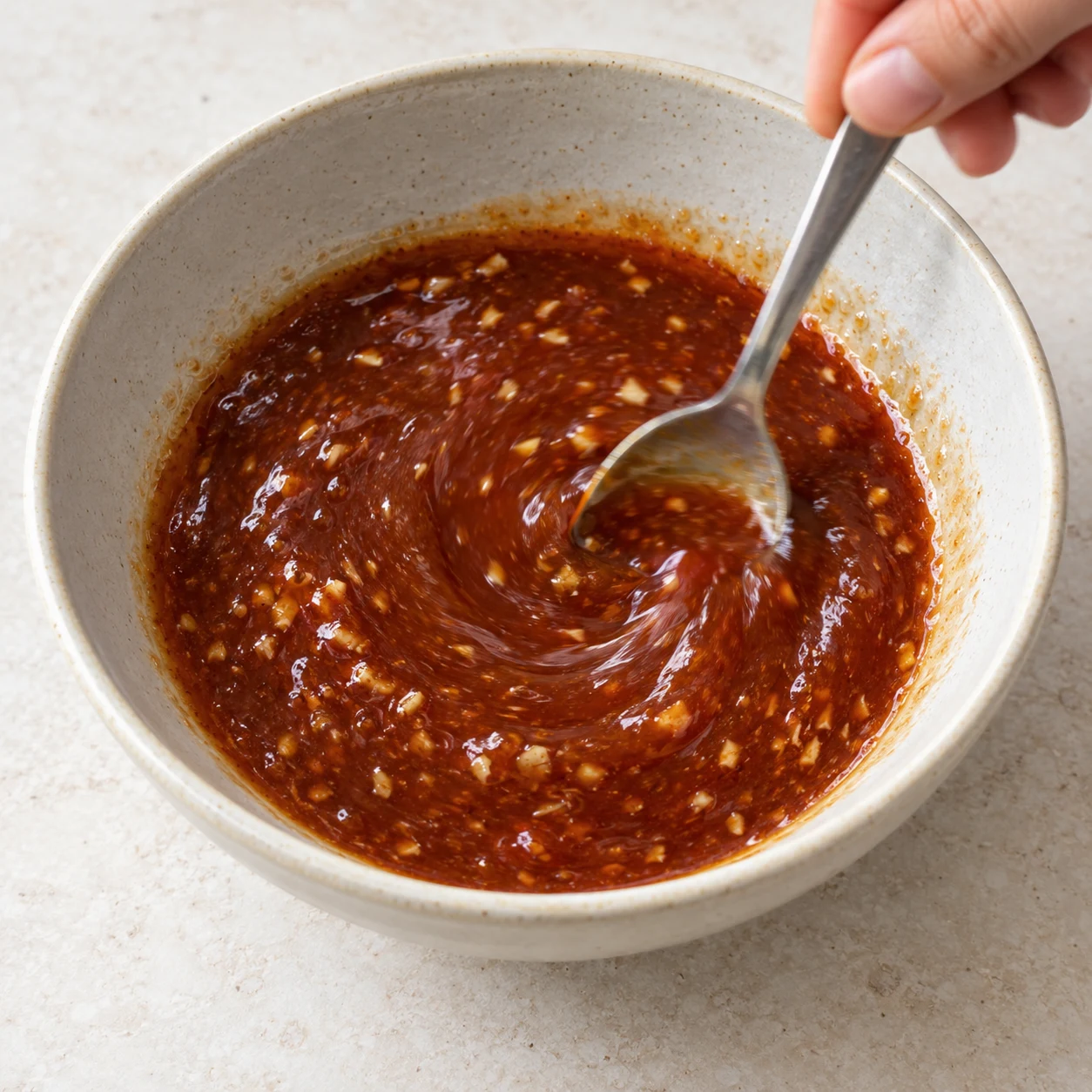 Petite cuillère mélangeant une marinade fluide brun rougeâtre avec fines particules d’ail et de gingembre; pas de cubes de tempeh.
