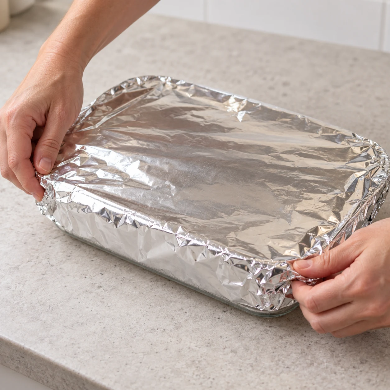 Couvre le plat de papier aluminium avant la cuisson. Montrer uniquement les ingrédients déjà introduits ; cadrage rapproché, mains anonymes si utiles.