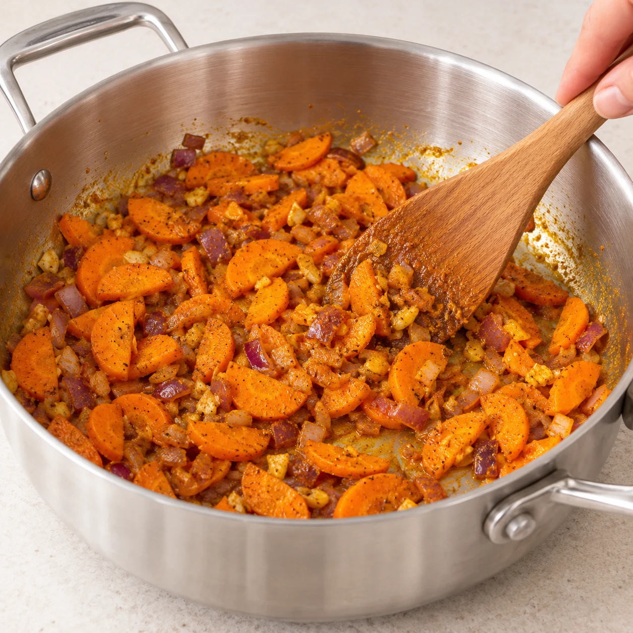 Épices moulues incorporées aux carottes, oignon et ail, état orange parfumé.