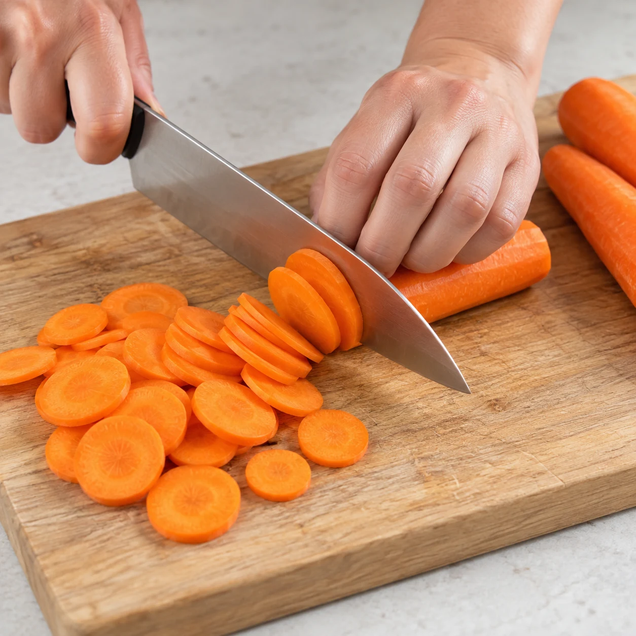 Découpe sûre de carottes orange en rondelles fines.