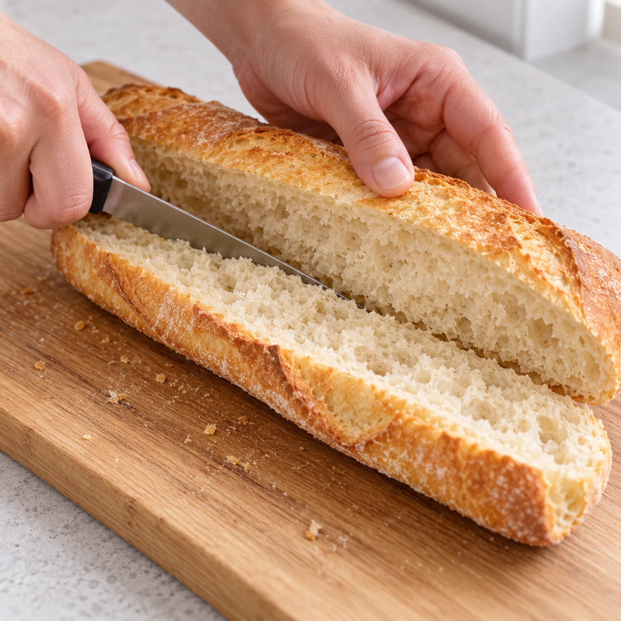 Ouvrir la baguette : La baguette est ouverte et prête à recevoir la garniture.