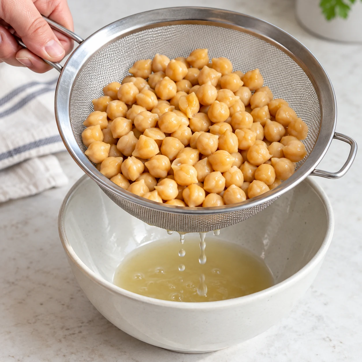 Pois chiches cuits beige doré dans une passoire, égouttage au-dessus d’un bol neutre, pas d’œufs ni de tofu.