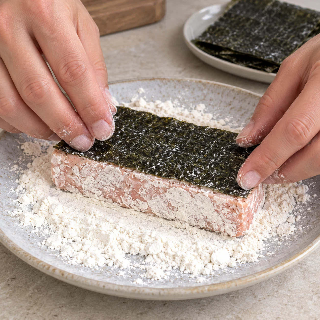 La feuille sombre adhère à une face du tofu.