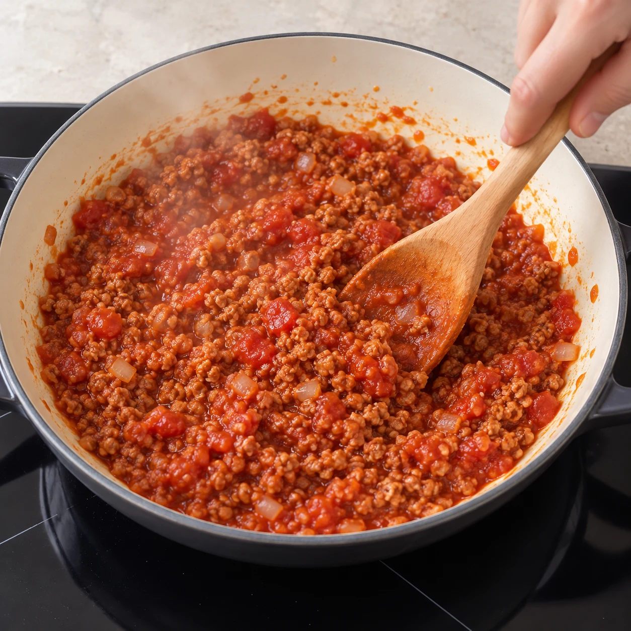 Cuire la farce à la tomate. La sauce enrobe le haché et la farce ne coule pas.