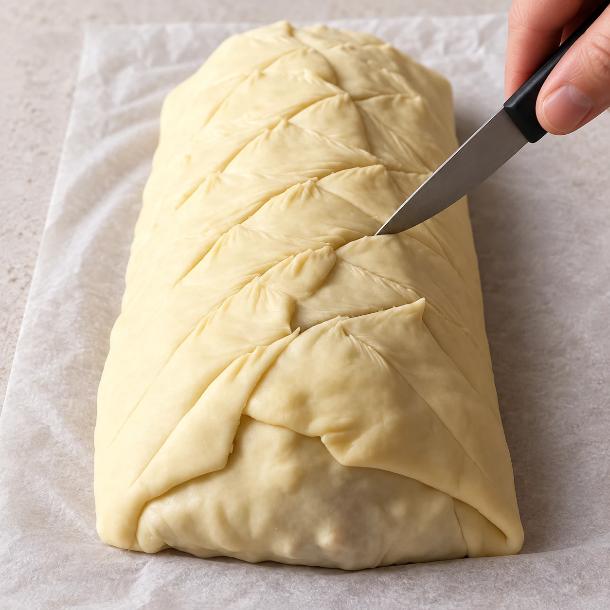 Lame pratiquant des entailles peu profondes dans la pâte fermée.