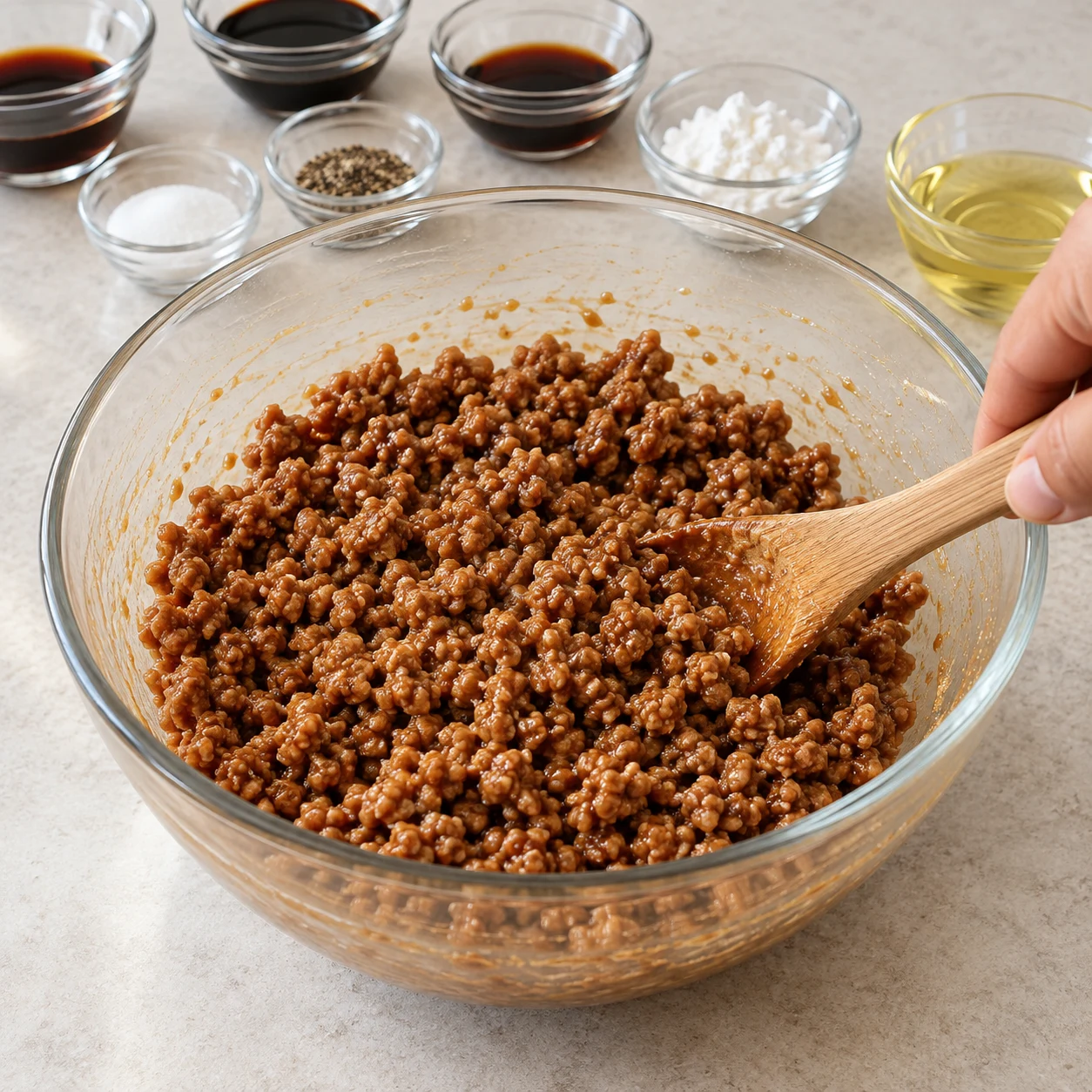 Dans le saladier, mélange le haché de soja avec 32 g de sauce soja salée, 16 g de sauce soja sucrée, les 16 g de sauce soja salée prévus pour remplacer le condiment de la marinade, 1 càc de sucre et du poivre. Incorpore la fécule, puis 2 càs d’huile de colza. Résultat : Le haché de soja est enrobé et aucune fécule sèche ne subsiste.
