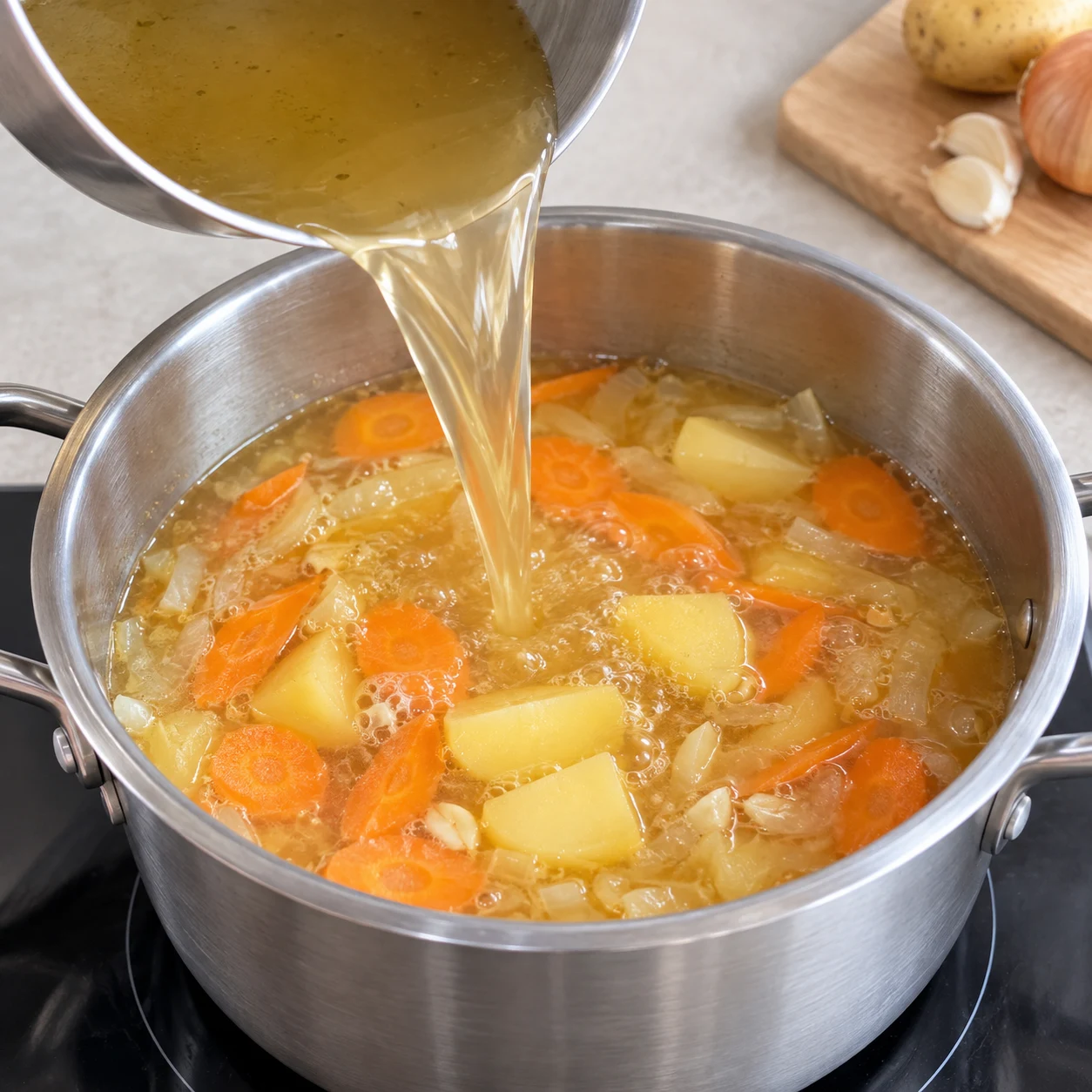Bouillon chaud versé à hauteur dans casserole de légumes.