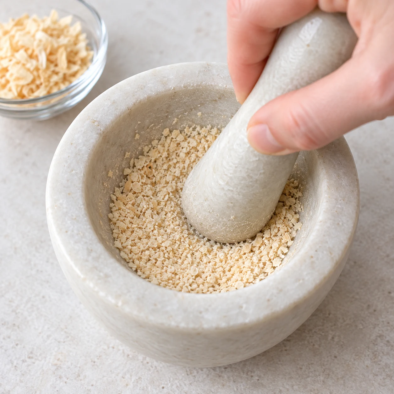 Un pilon écrase uniquement de l’oignon sec beige en petits grains fins dans un mortier neutre.
