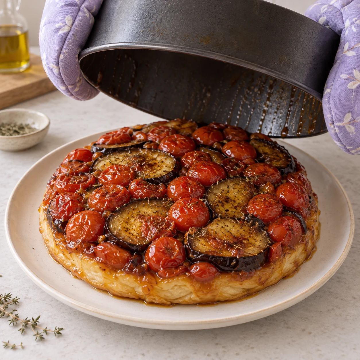 Couvrez le moule d’une grande assiette puis retournez l’ensemble avec des maniques. Si quelques tomates restent collées, replacez-les sur la tarte. Montrer une seule phase et aucune personne identifiable.