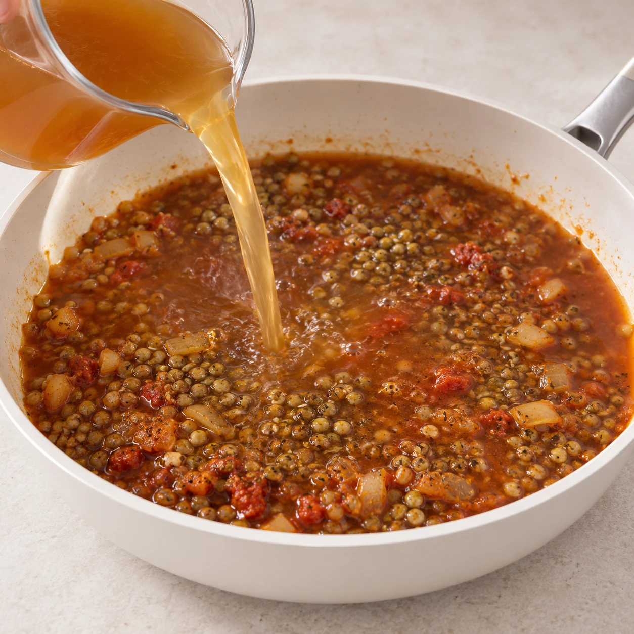 Sauteuse de lentilles et oignons noyés dans un bouillon brun rougeâtre.
