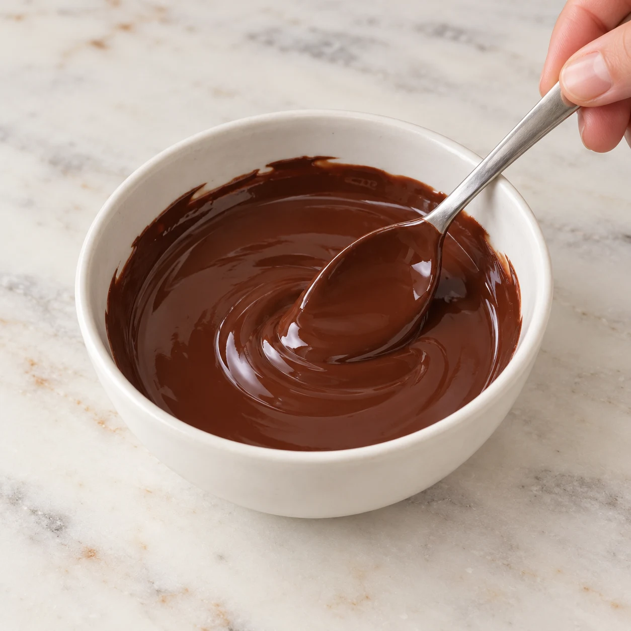 Chocolat noir fondu lisse dans un petit bol neutre, prêt à napper ; aucune technique ou température non sourcée figurée.