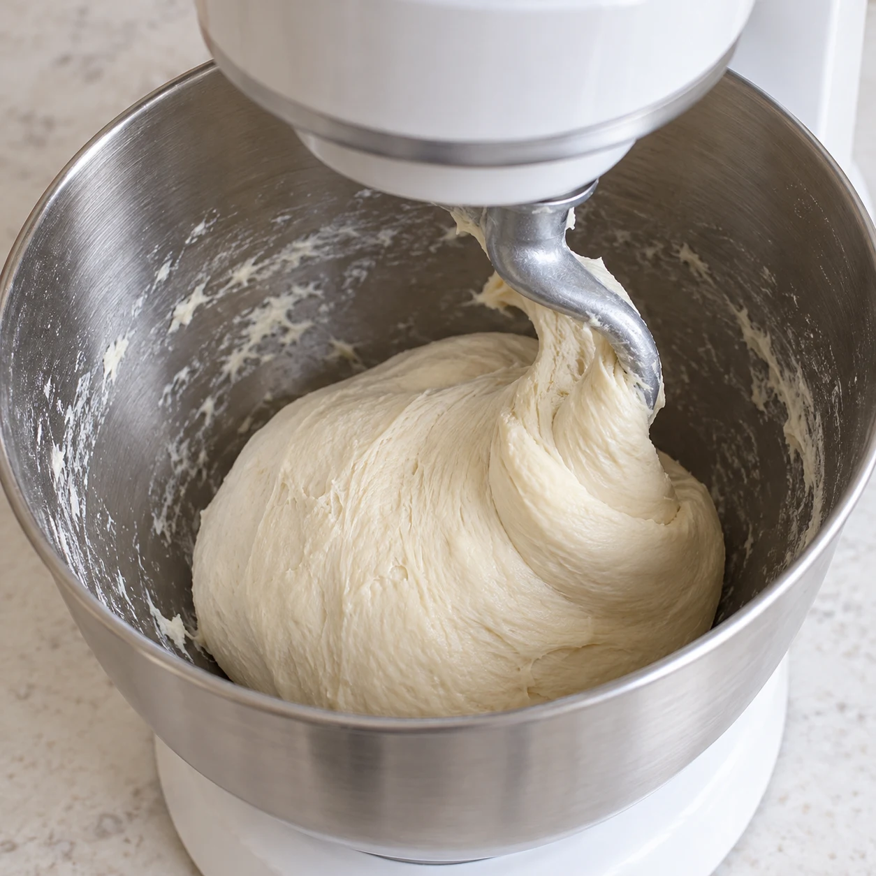 Pétrissez au robot pendant 10 minutes jusqu’à obtenir une pâte souple, légèrement collante et lisse.