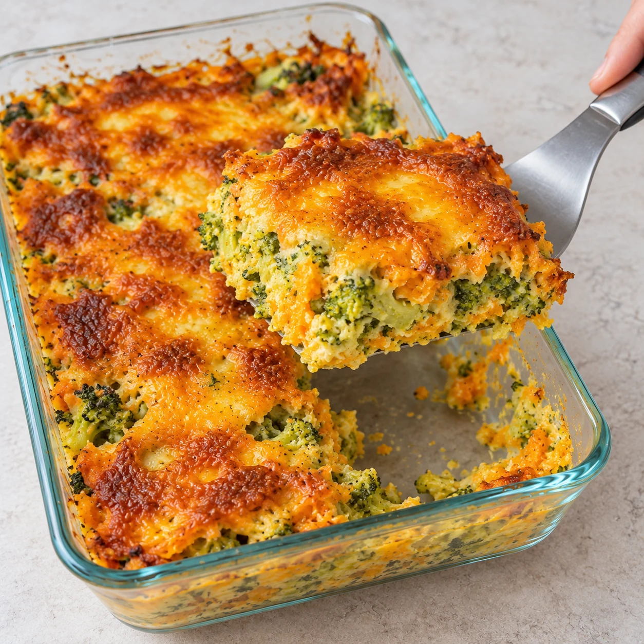 Une spatule sert une part de gratin, intérieur humide de brocoli et patate douce, couverture végétale fondue ; aucun accompagnement.
