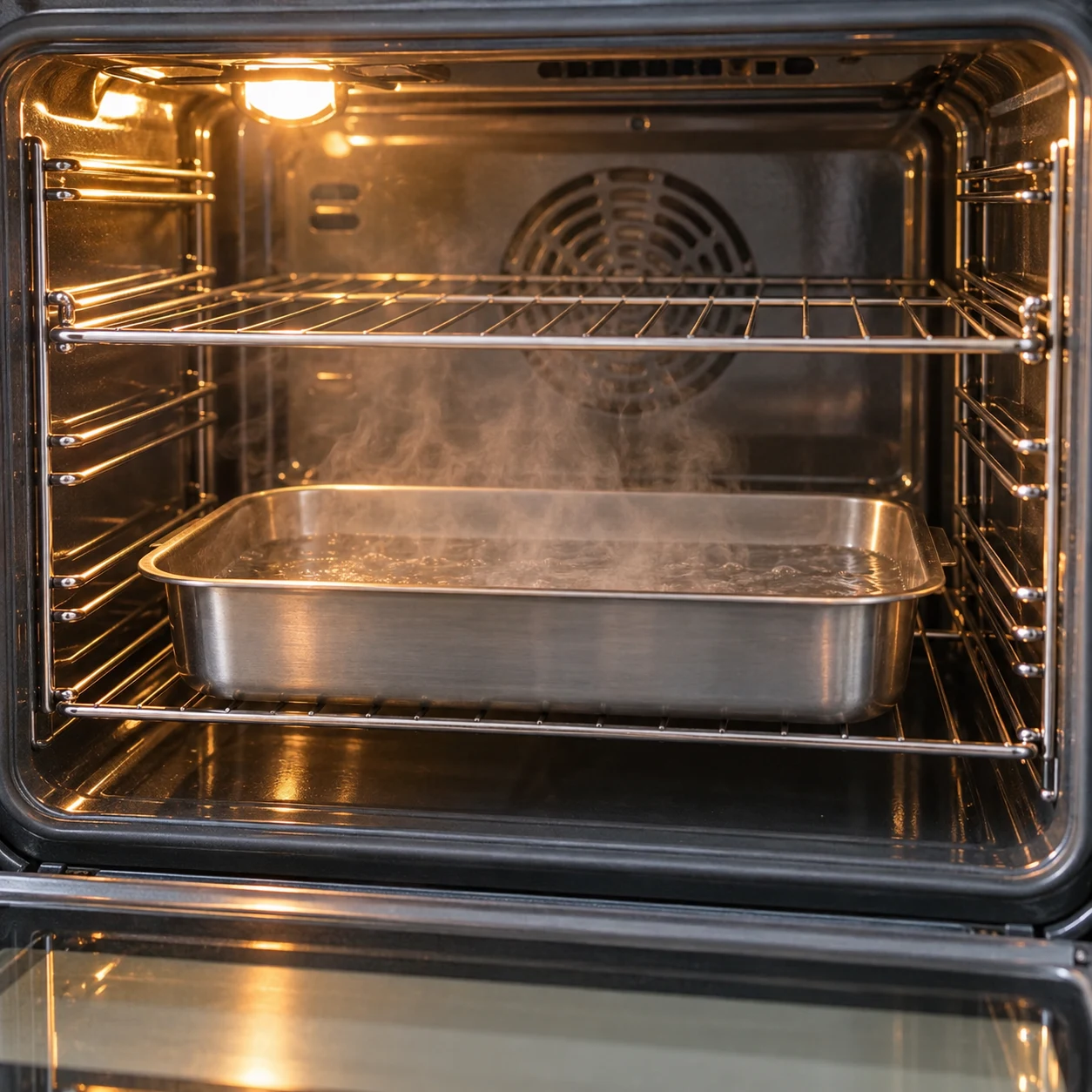 Récipient d’eau stable en bas du four préchauffé, plaque de cuisson au-dessus ; aucune main dans la vapeur.