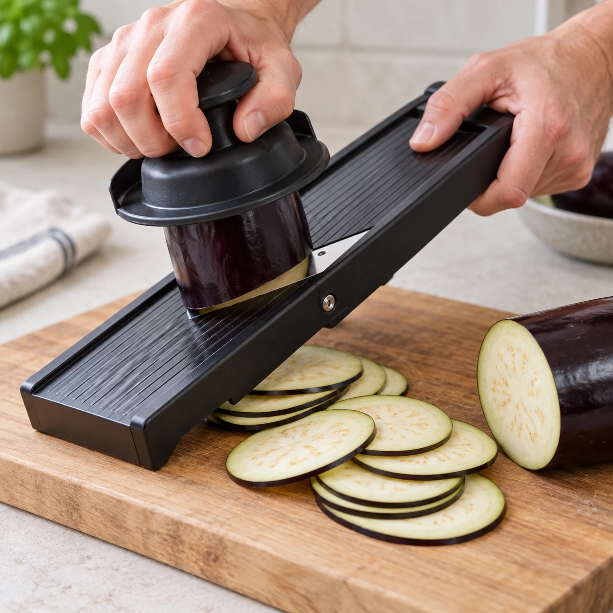 Mandoliner l’aubergine : Les rondelles d’aubergine sont fines et d’épaisseur régulière.