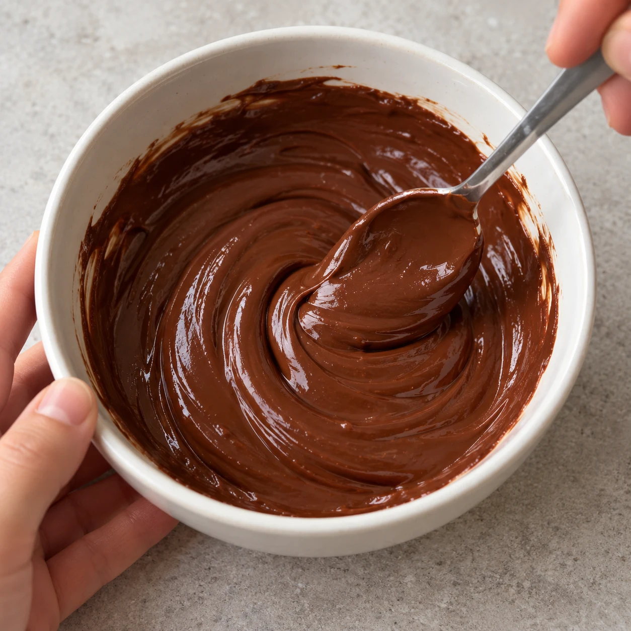 Mélangez les 140 g de chocolat noir 70 % fondu avec les 40 g de beurre de cacahuète.