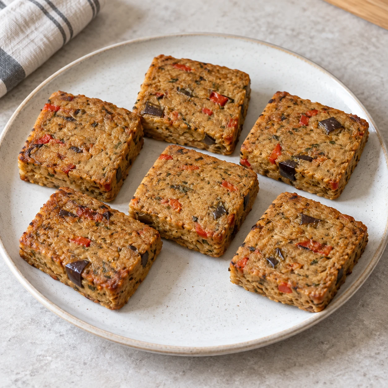 Six petits carrés végétaux brun clair, à base de seitan et légumes, disposés sur une assiette ; sans emballage ni tofu.